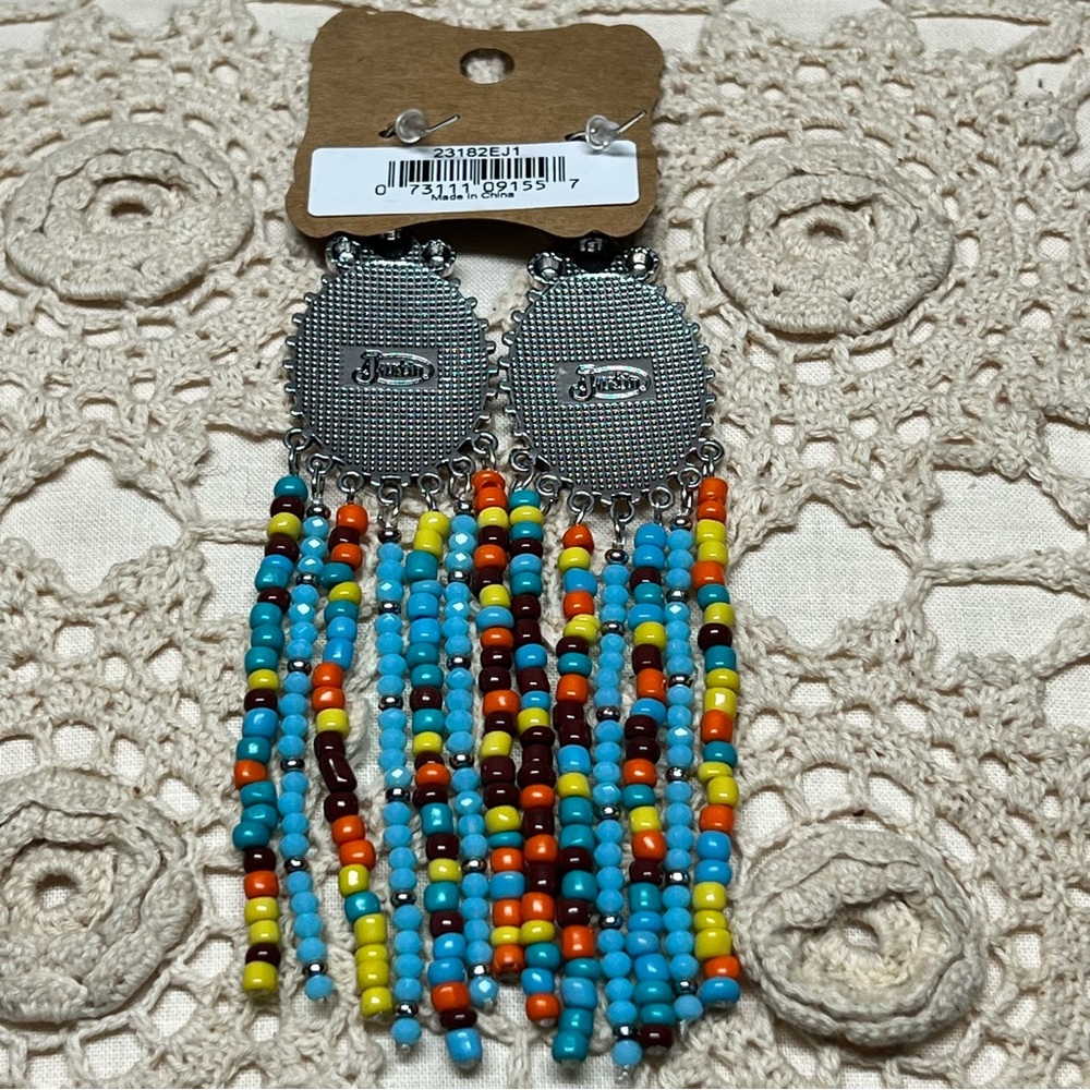 Justin Western Longhorn Skull Beaded Fringe Earrings|Cowgirl Rodeo|NWT - Picture 3 of 7
